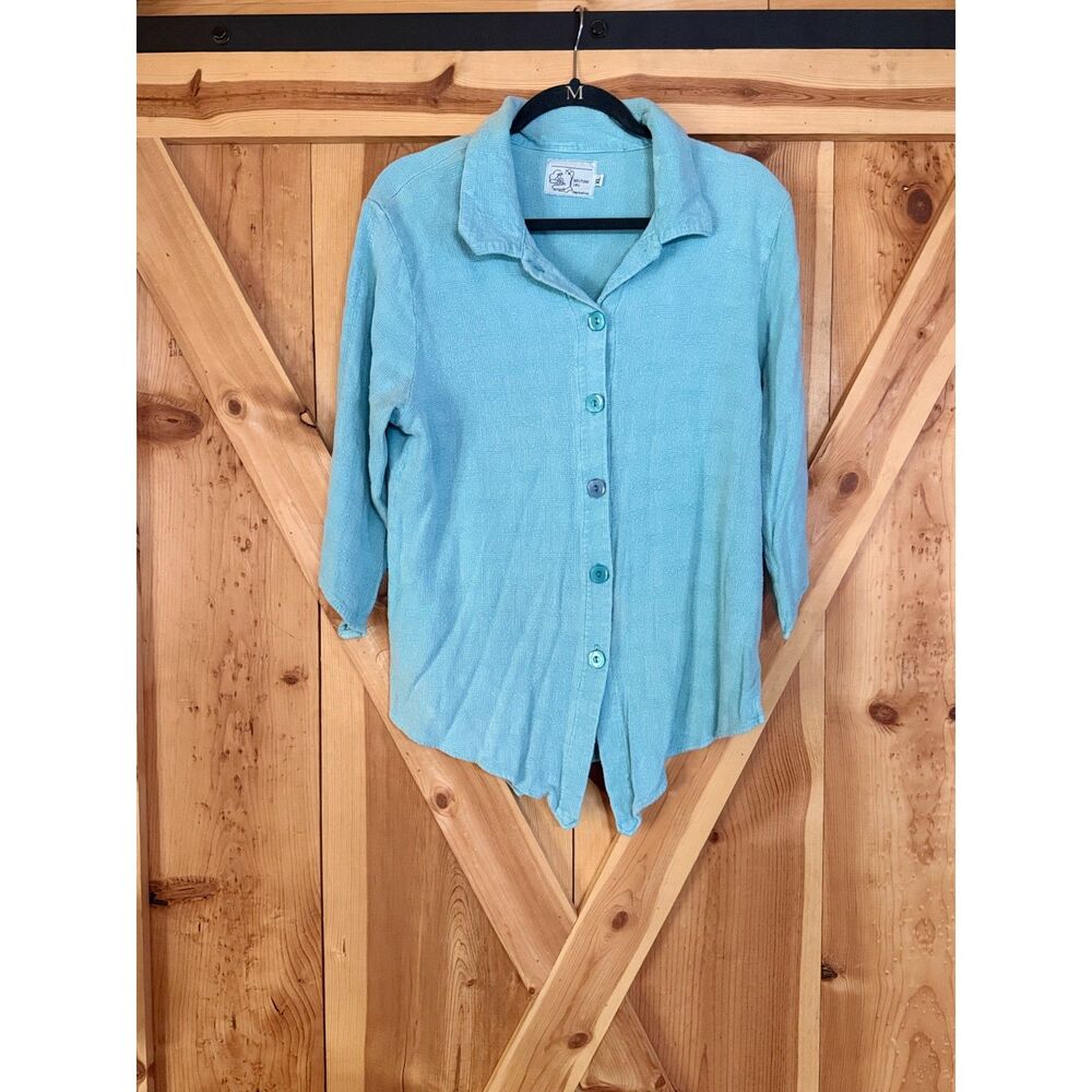 Michael Leu Vtg Women XL Light Blue Button Down Waffle Knit Art To Wear USA Made
